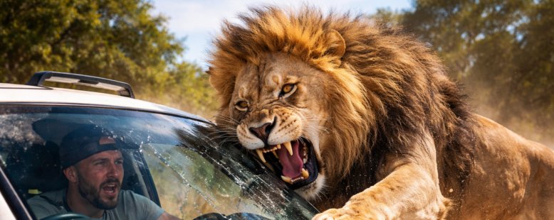 Lion Attacks Car During Live Recording! Dean Schneider's Close Call